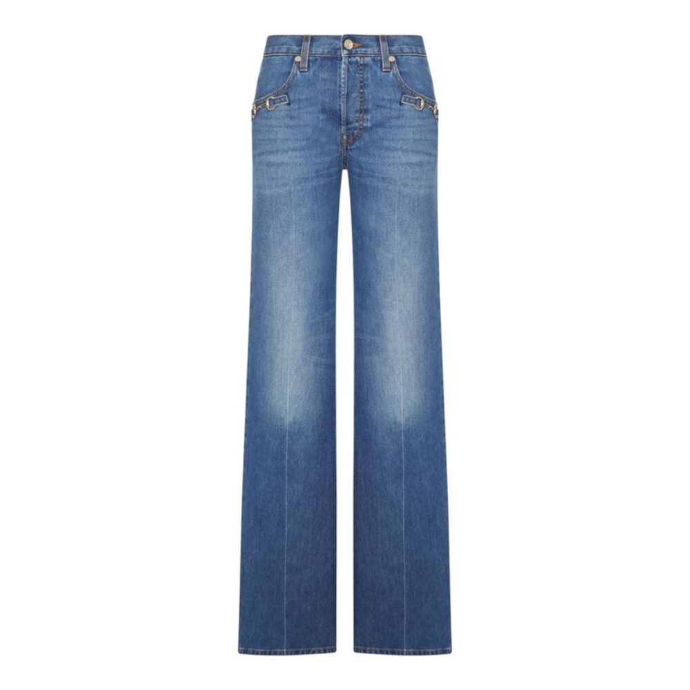 Gucci Women Cotton Denim Bootcut Trousers With Horsebit Detail